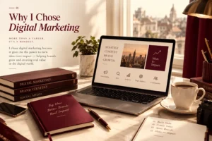 A laptop and notebooks detailing brand growth and strategy, presented by a freelance digital marketing specialist in Thrissur