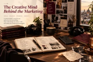A creative workspace with a camera, mood board, and content ideas notebook used by a freelance digital marketing specialist in Thrissur